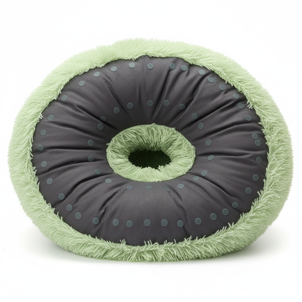 Bottom view of green fluffy pet bed