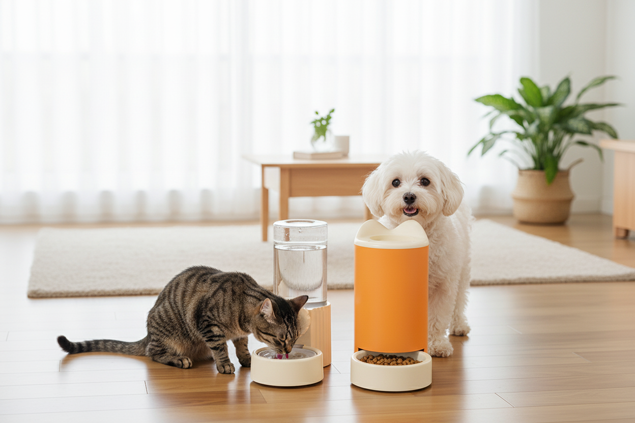 Cat and dog using feeder together