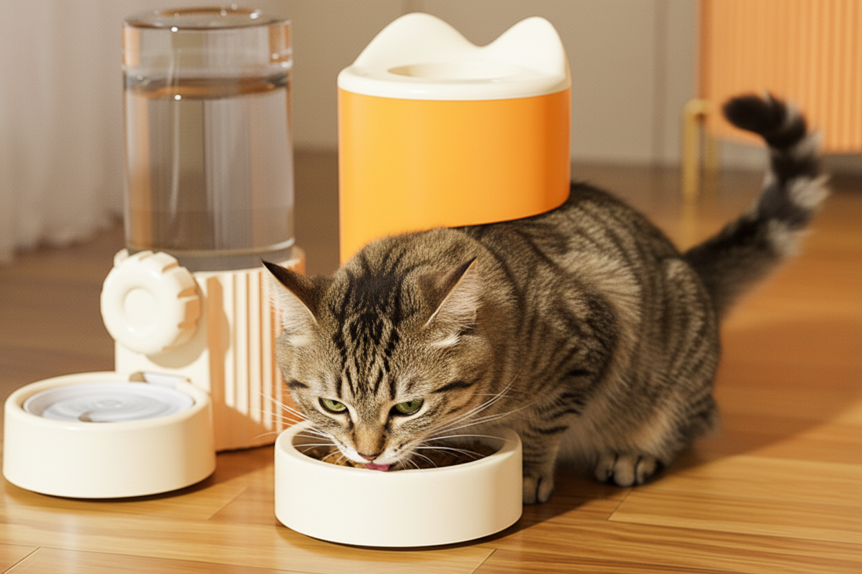 Cat eating from orange feeder