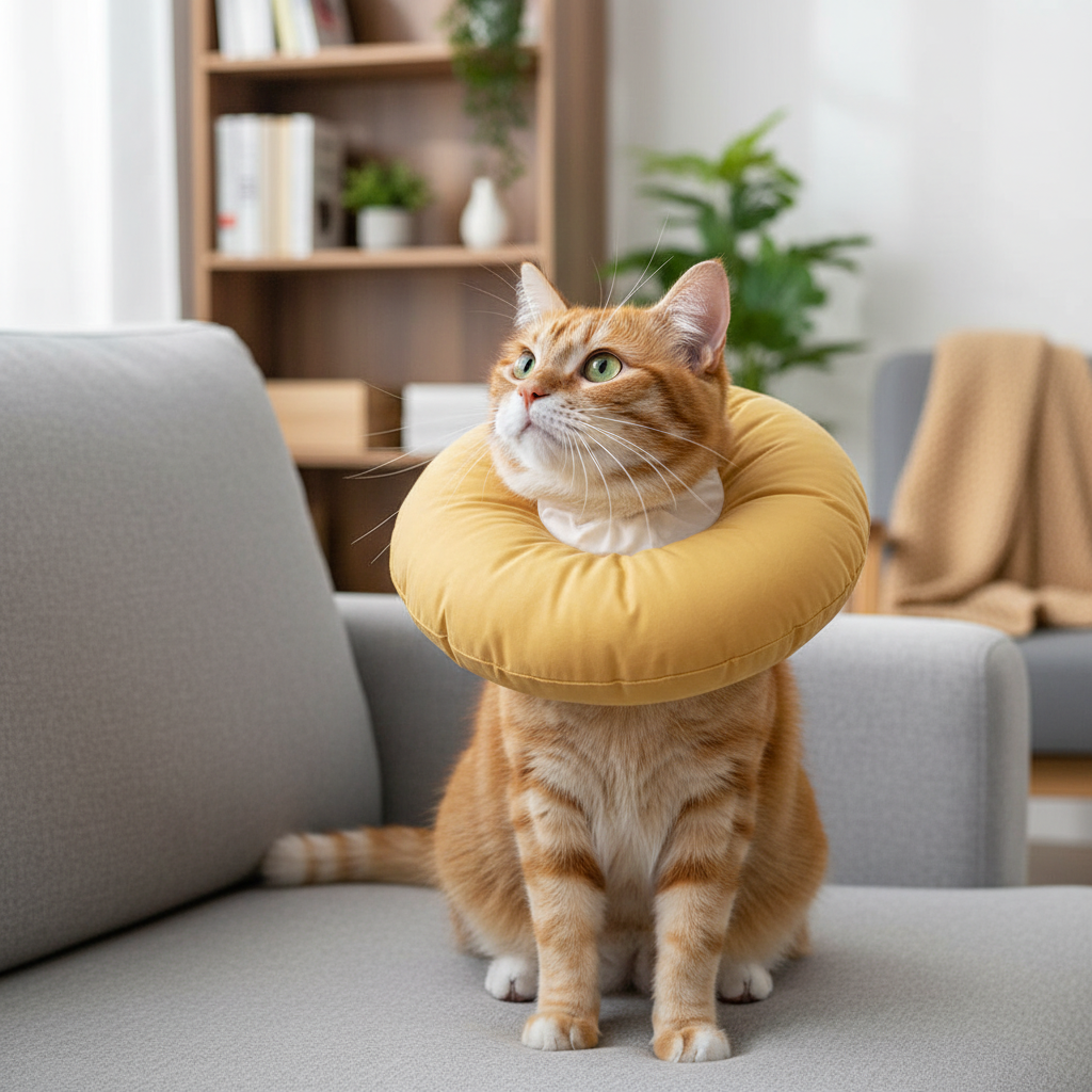 Cat wearing yellow recovery collar