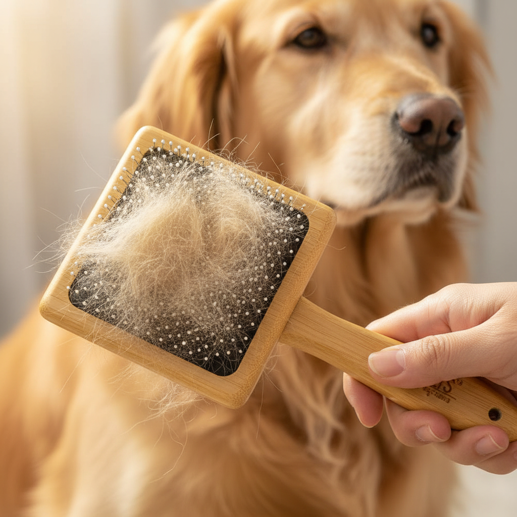 Close-up of brush in use on dog fur