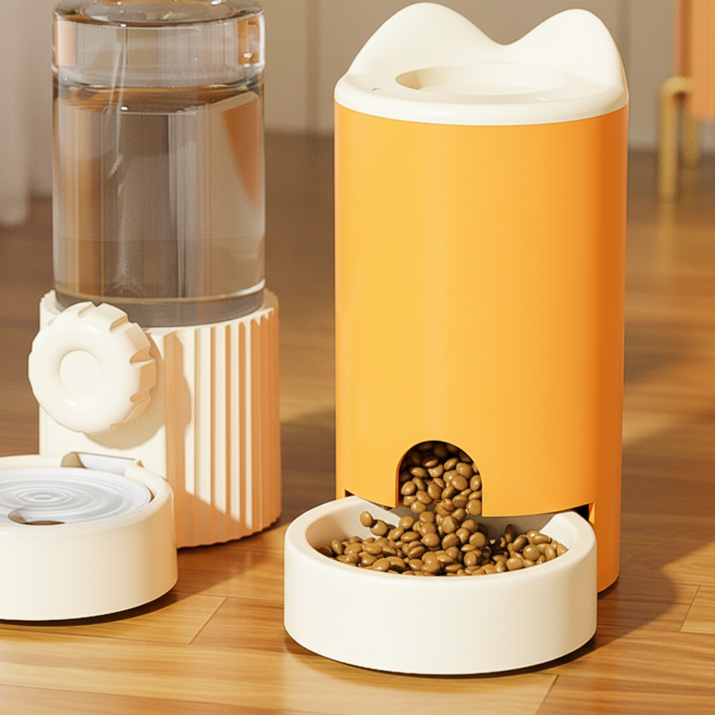 Close-up of food bowl and dispenser