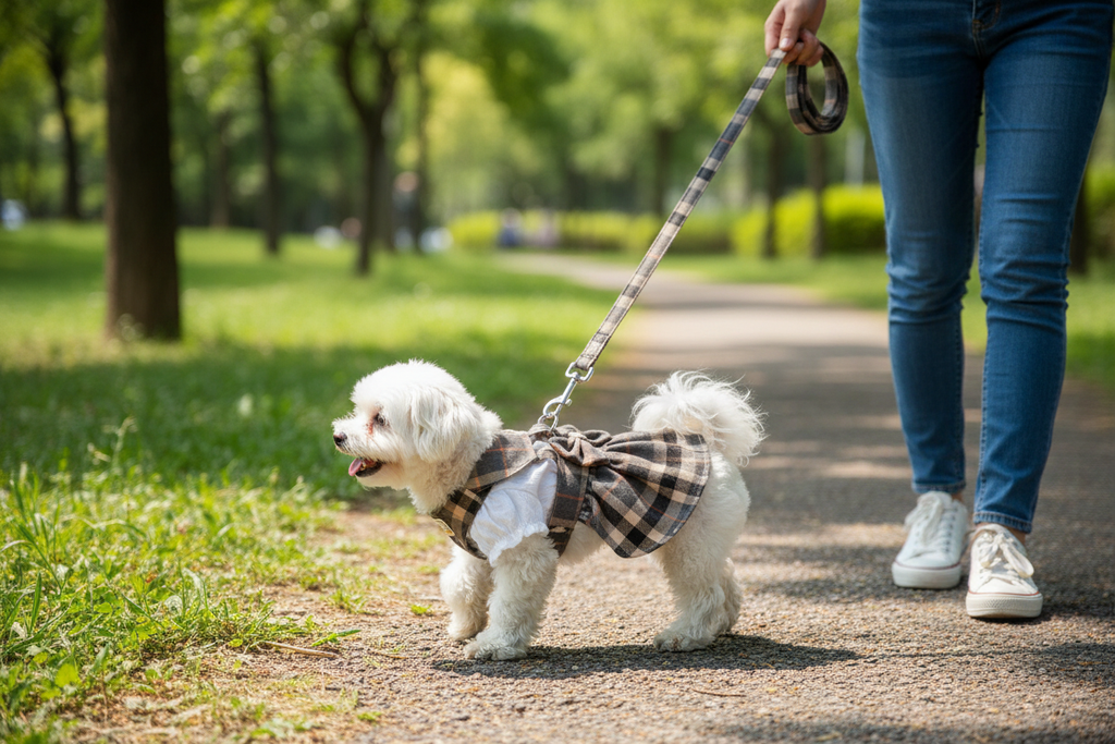 Dog in plaid harness walking with owner