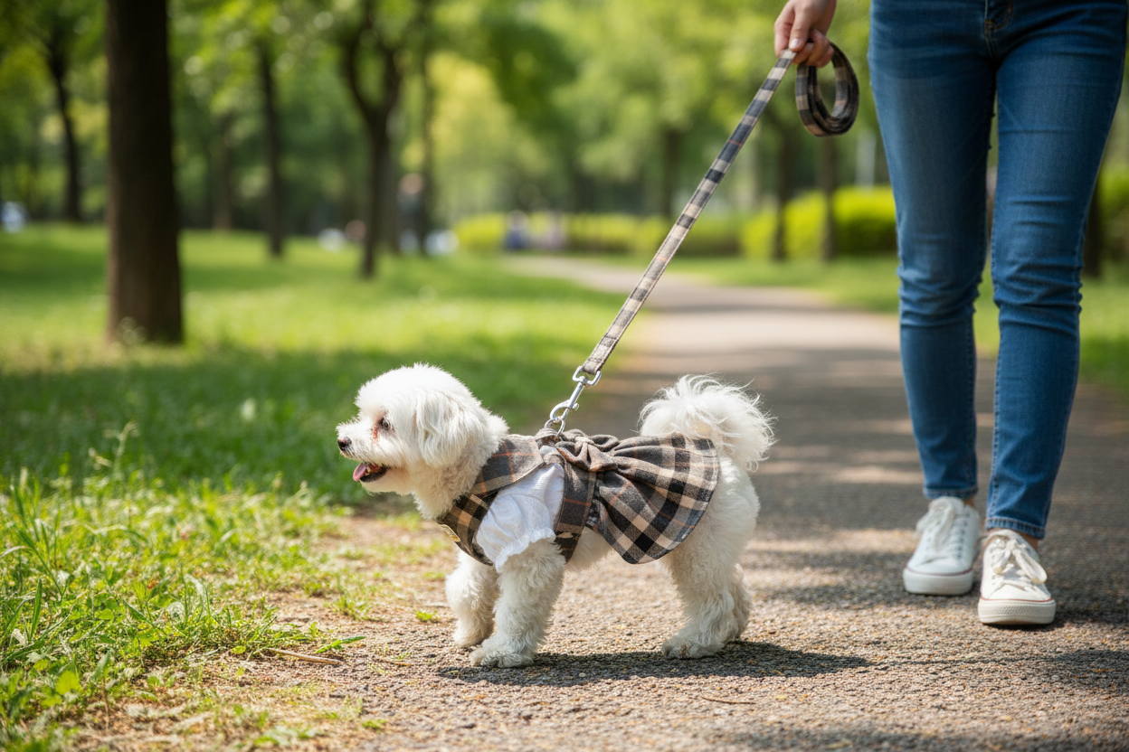 Dog in plaid harness walking with owner