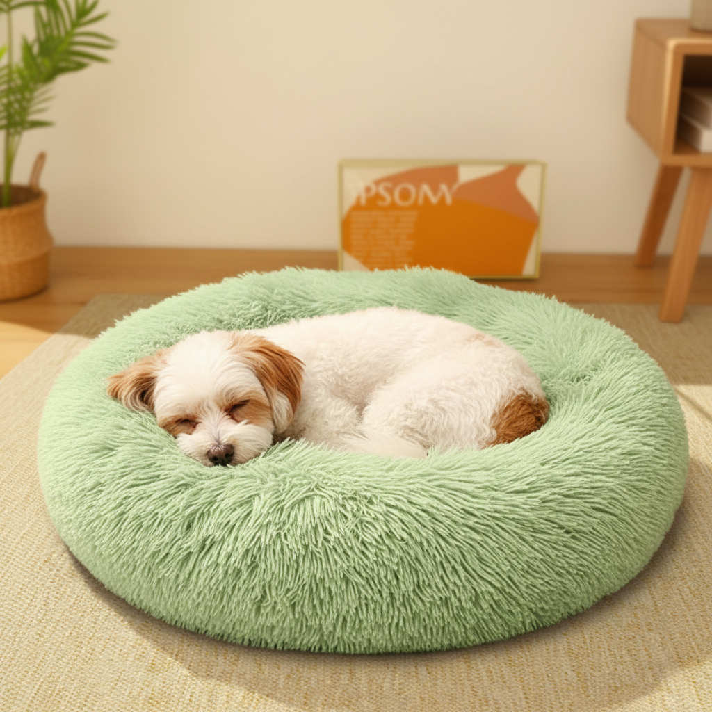Dog sleeping in green bed - side angle