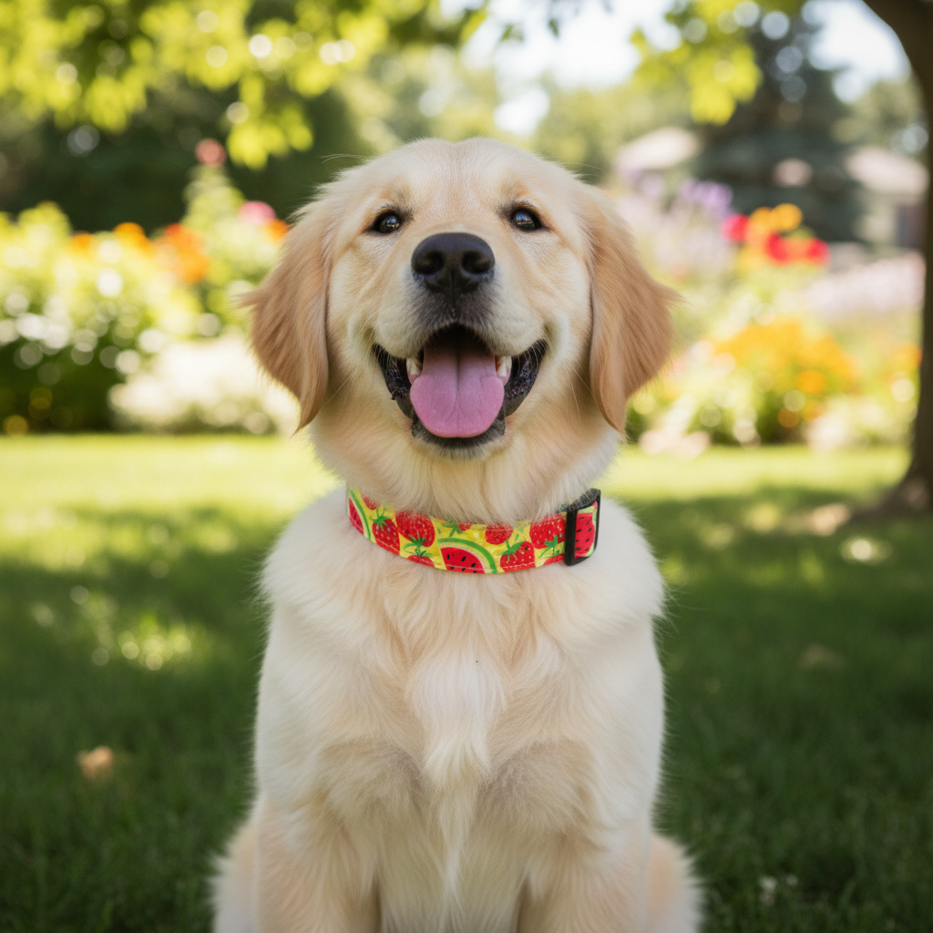 Dog wearing fruit collar