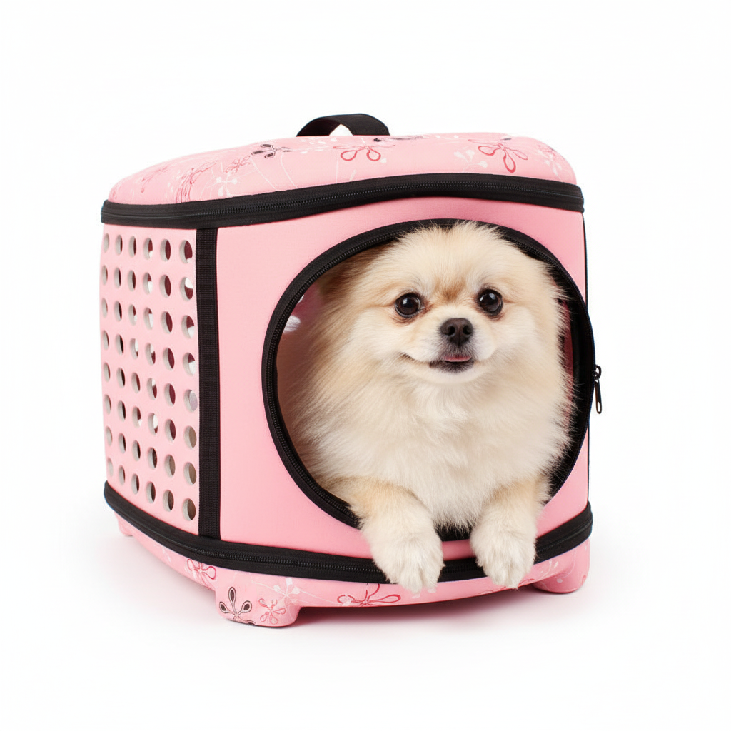 Fluffy small dog in carrier