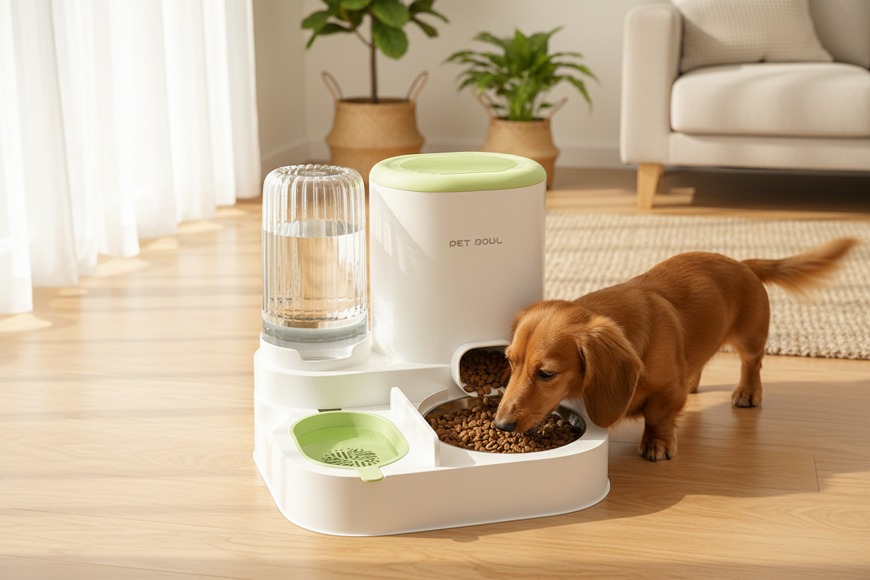 Pet eating from automatic feeder