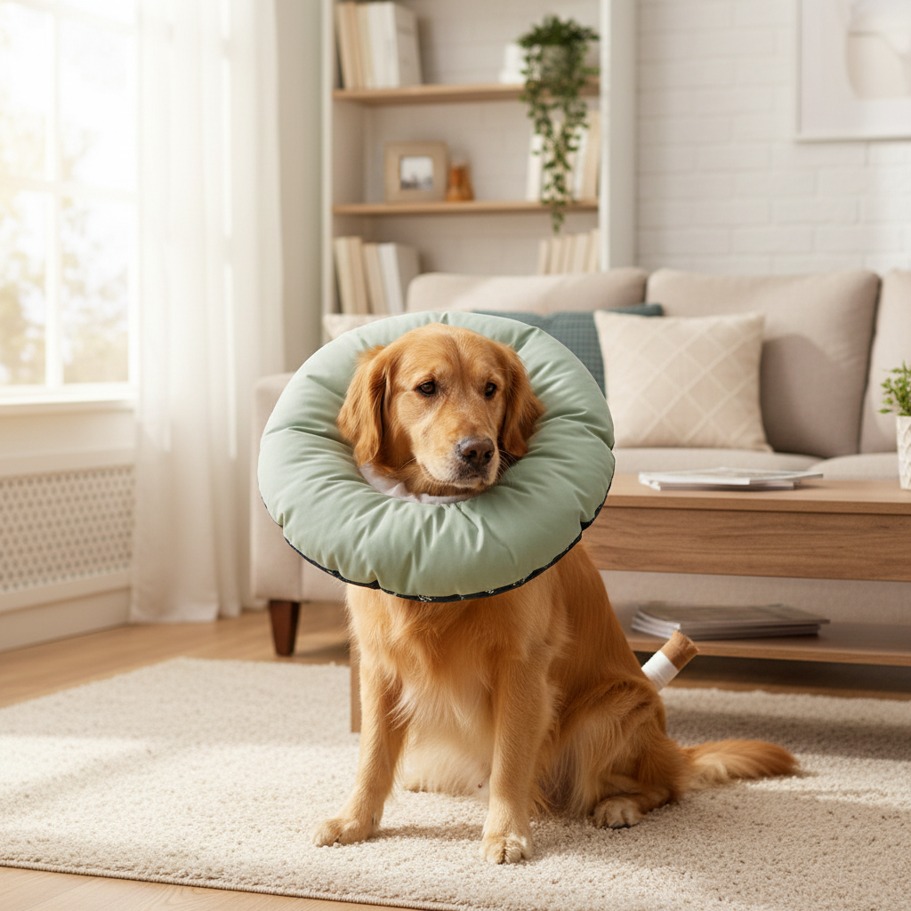 Medium dog wearing sage green recovery collar