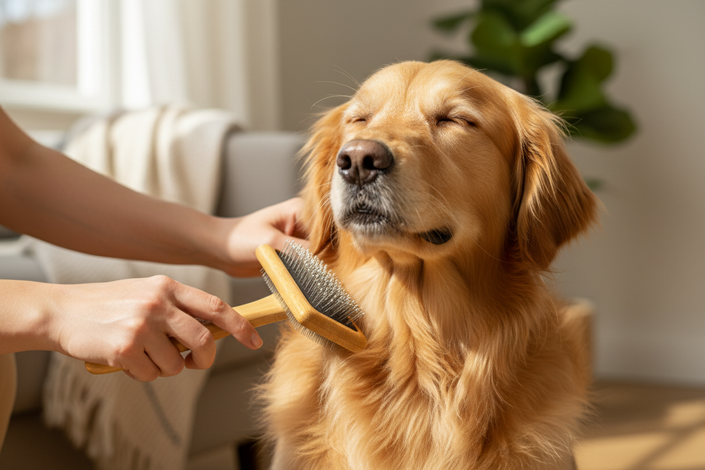 Owner brushing dog with bamboo brush