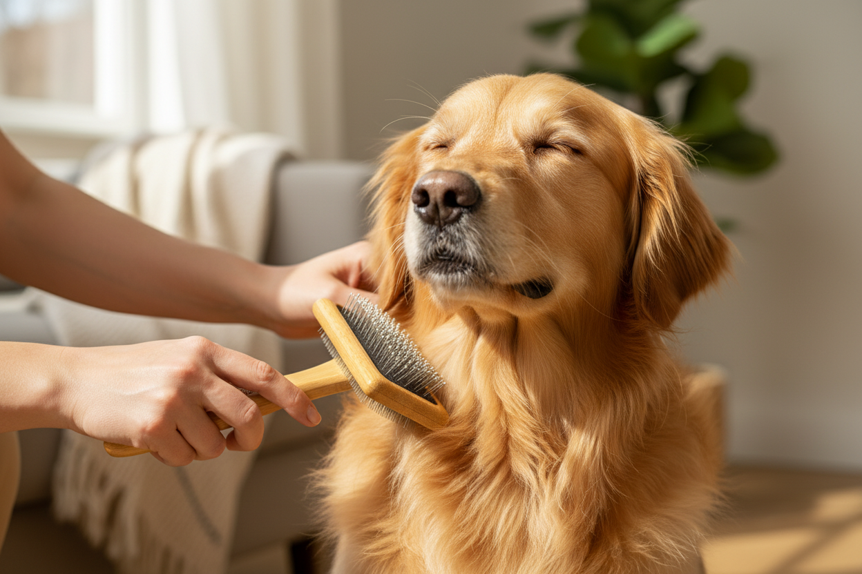 Owner brushing dog with bamboo brush