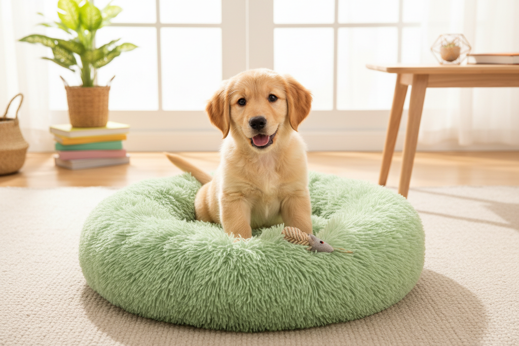 Puppy in green bed - three-quarter angle
