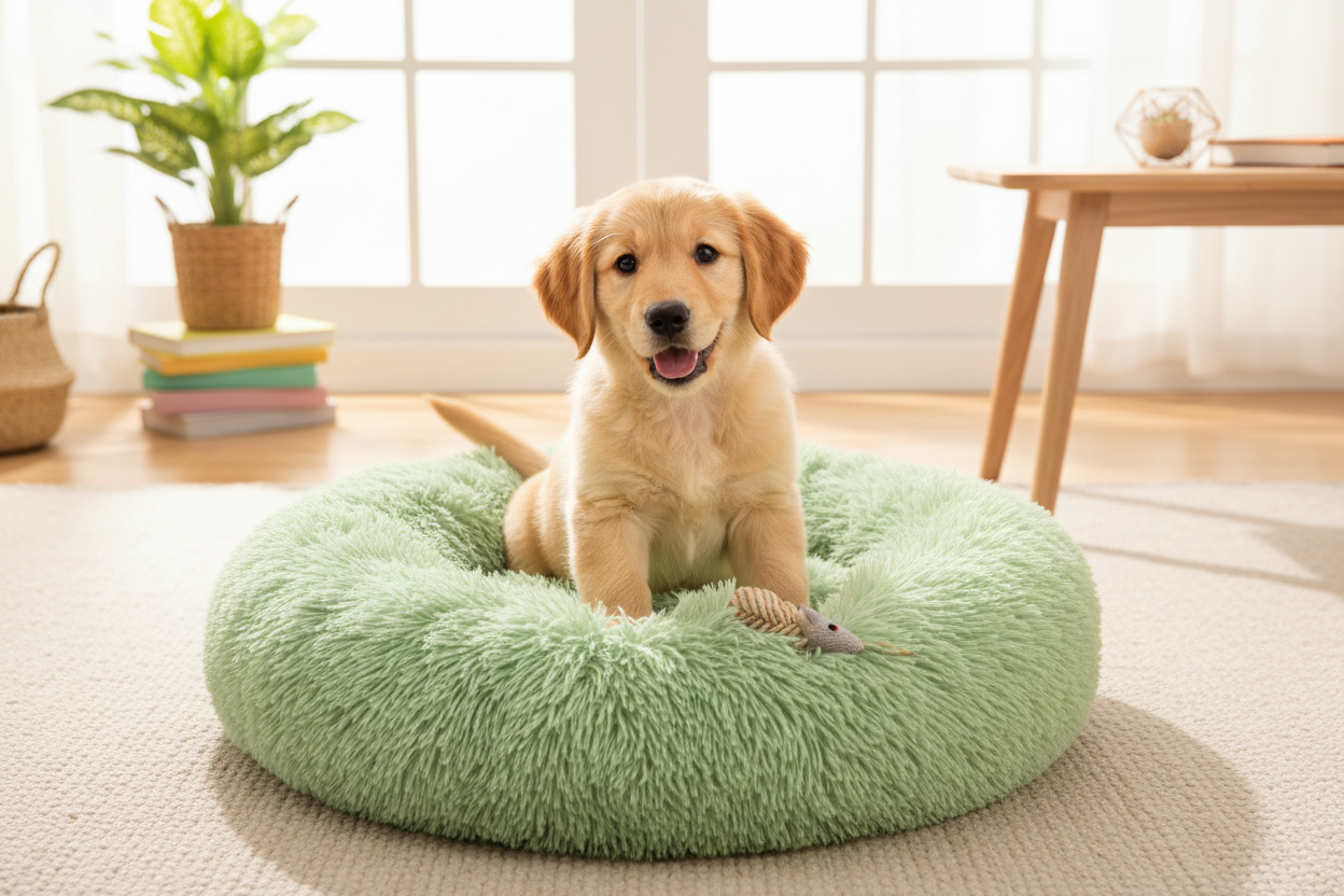 Puppy in green bed - three-quarter angle