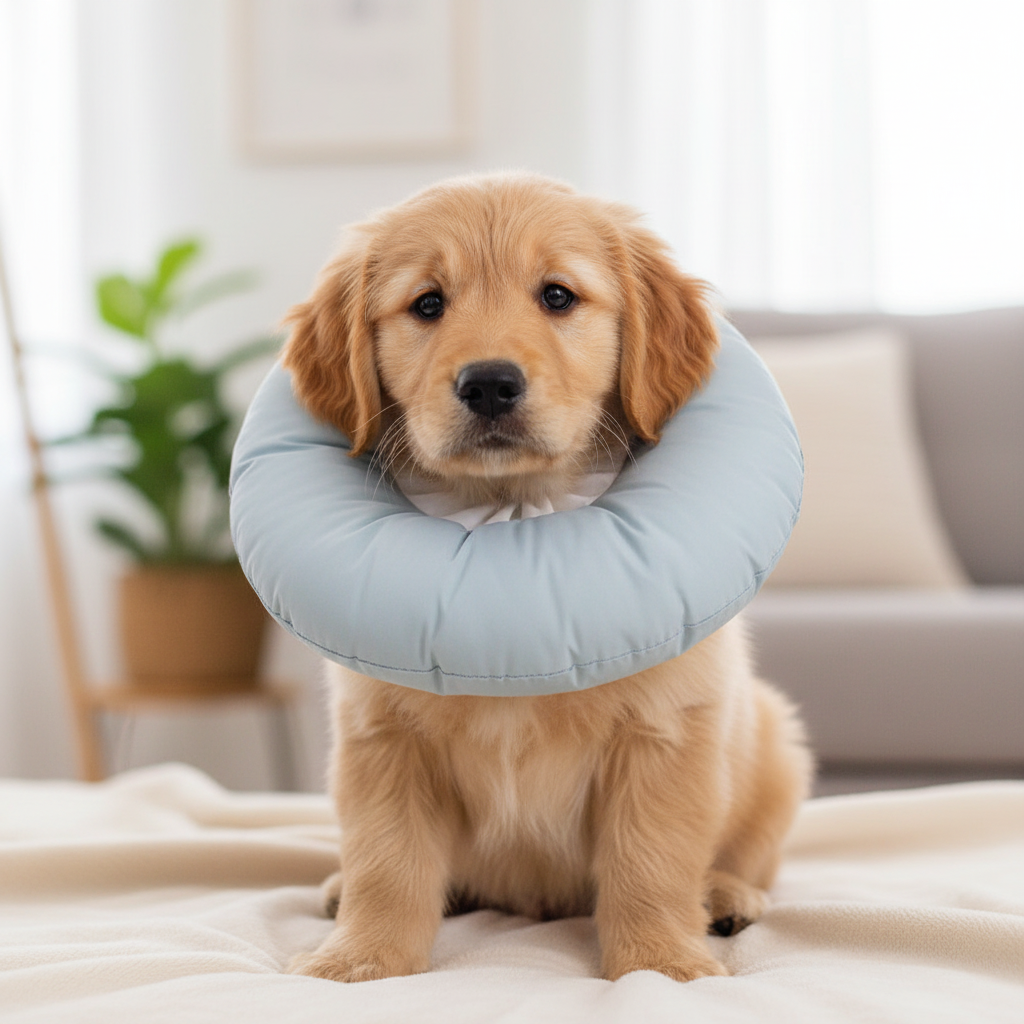 Puppy wearing light blue recovery collar