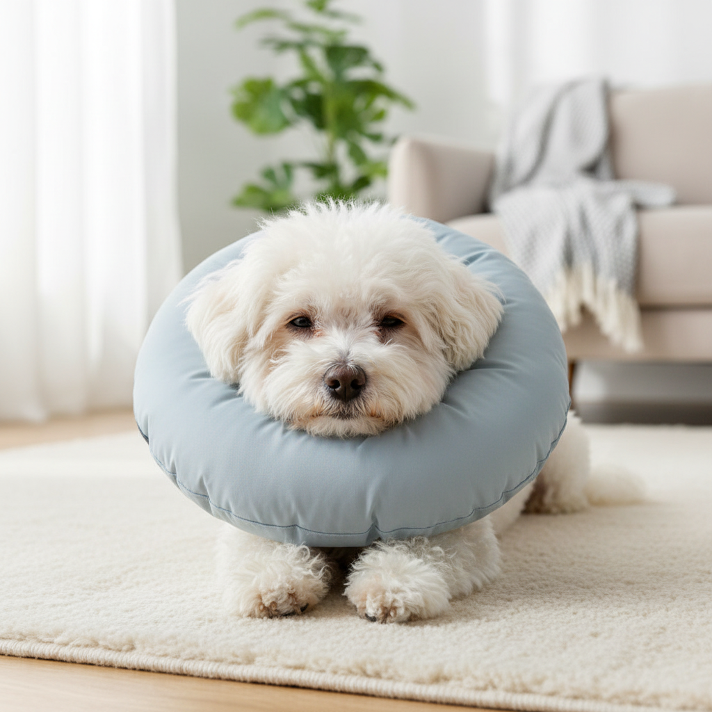Small dog wearing light blue recovery collar