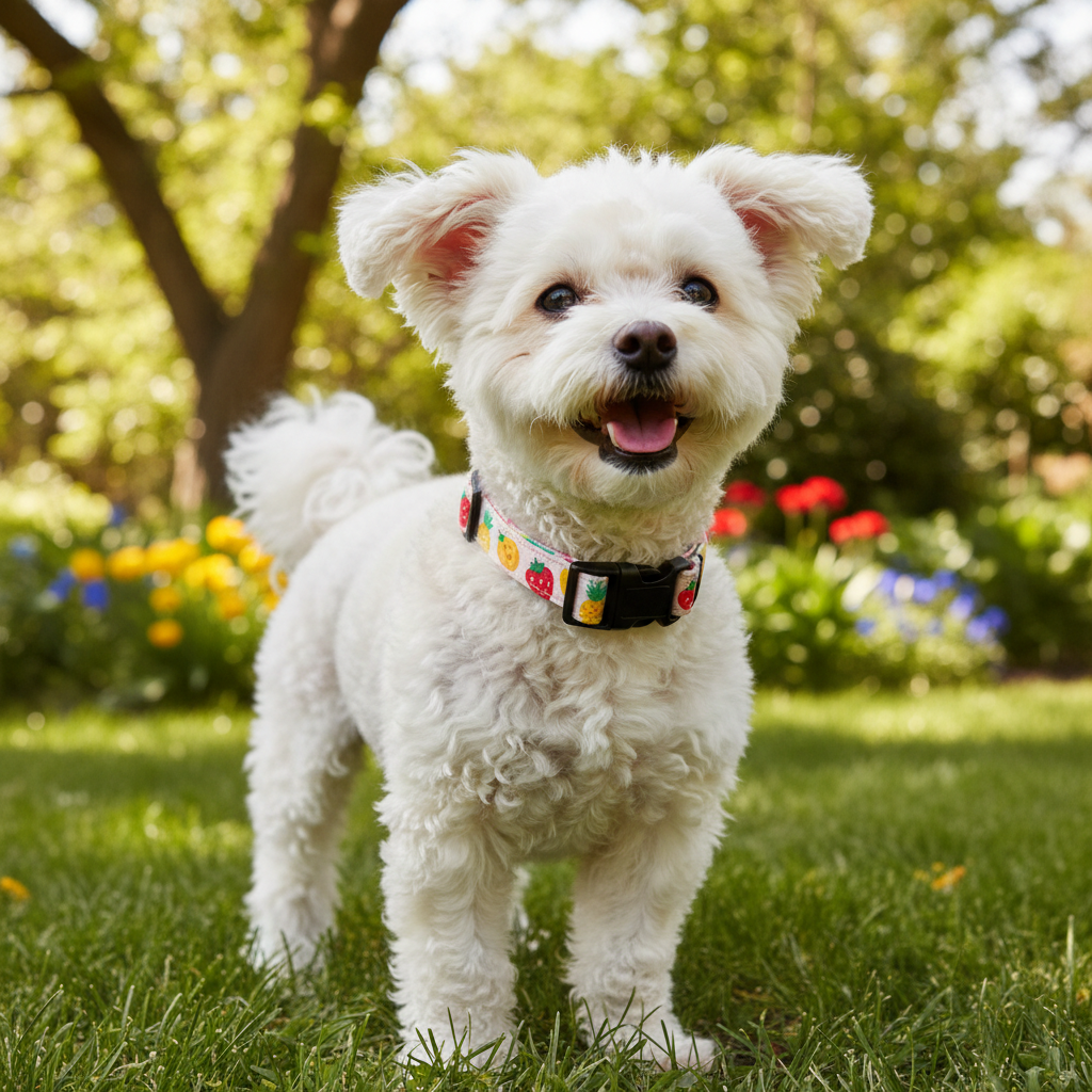 Small dog with fruit collar