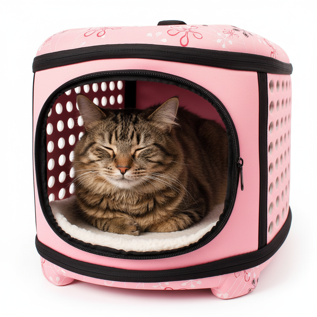 Tabby cat in carrier