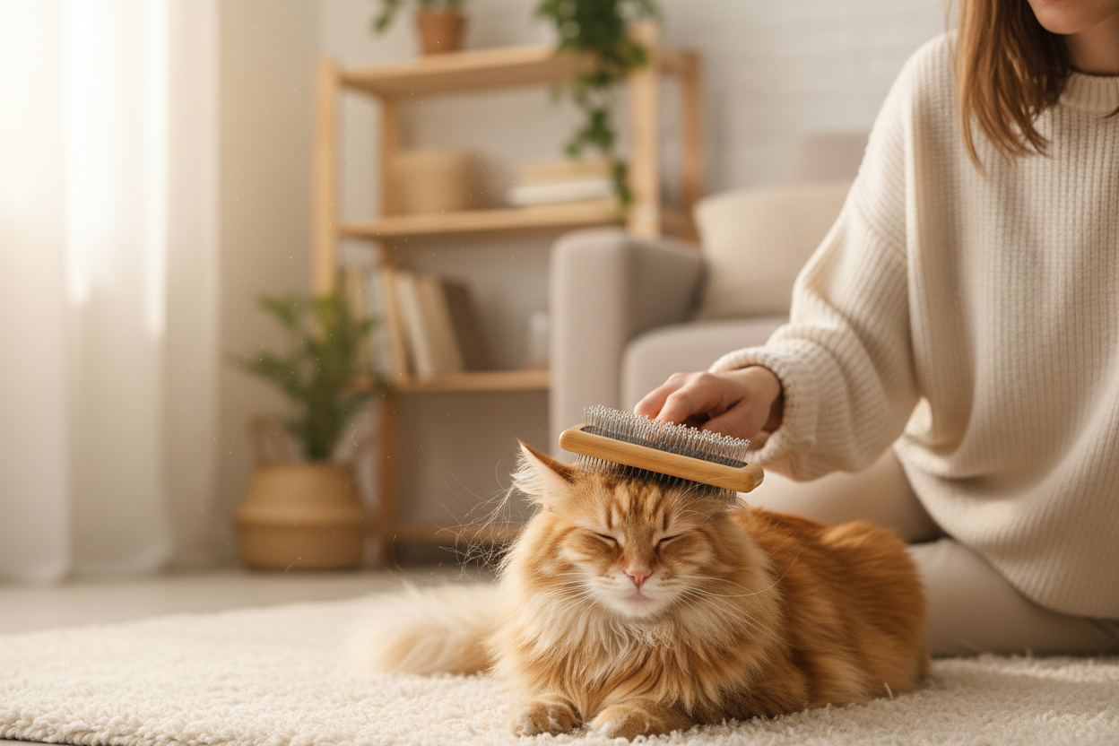 Woman grooming cat with brush